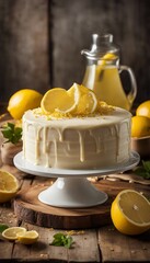 Lemonade cake placed on a rustic wooden table