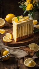 Lemonade cake placed on a rustic wooden table