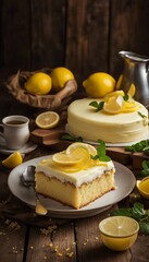 Lemonade cake placed on a rustic wooden table