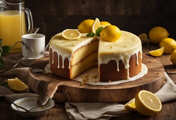 Lemonade cake placed on a rustic wooden table