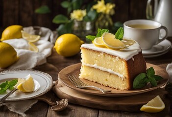 Lemonade cake placed on a rustic wooden table