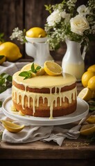Lemonade cake placed on a rustic wooden table