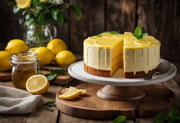Lemonade cake placed on a rustic wooden table