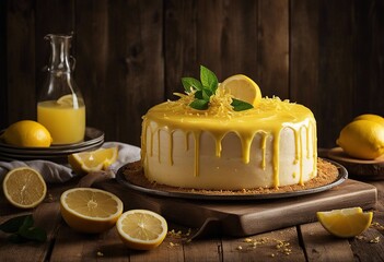 Lemonade cake placed on a rustic wooden table