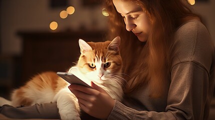 A orange and white calico cat scrolling on a mobile phone and her owner a young woman - obrazy, fototapety, plakaty