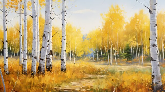a painting of the birch forest with yellow leaves in autumn, colorful realism, impressionist-landscapes, outdoor art -- 