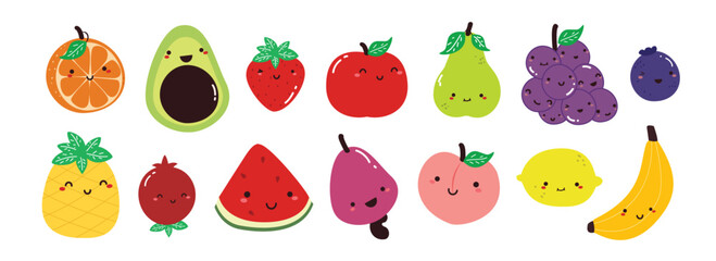 Set of fruit illustration. Cute fruit illustration. Cute orange, avocado, strawberry, apple, watermelon, peach, etc. - obrazy, fototapety, plakaty