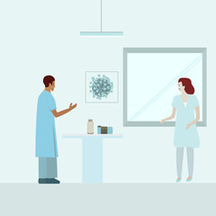 Doctor and patient discuss treating disease, outbreak of virus concept.