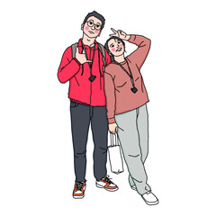 man and women with headphones listening music