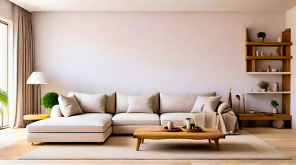 high quality, Captivating Homeliness Biggest Living Room. white color walls, sofa, wooden small table and copy space