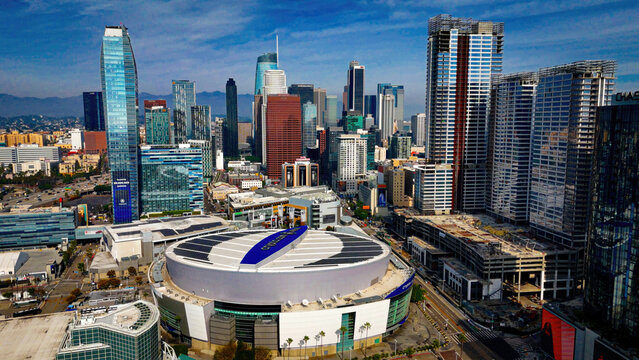 Crypto.Com Arena in Downtown Los Angeles former Staples Arena from above - Los Angeles Drone footage - LOS ANGELES, USA - NOVEMBER 5, 2023