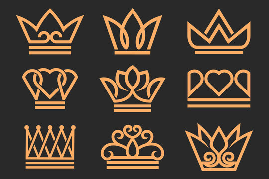 Set of linear crown icons. Royal, luxury symbol. King, queen abstract geometric logo design vector .
