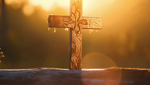 A closeup of a wooden cross, silhouetted by the golden glow of a sunset, highlighting its intricate carvings and the natural grains of the wood.