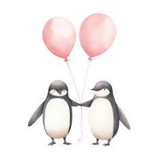 Watercolor illustration of couple penguin with balloon, Cute character, Valentine concept, Isolated on background.