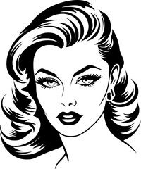 Beauty Makeup Vintage Confident Curly Hair Woman with Makeup Icon in Hand-drawn Style