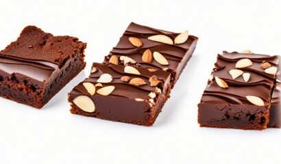 Set collection pieces of fresh delicious chocolate and almond nut brownies, cut out isolated on white from Generative AI