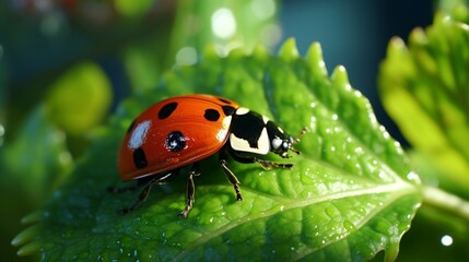 A vibrant ladybug perched on a lush green leaf in a