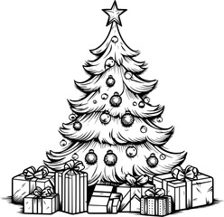 Christmas Tree with Giftset Vintage Icon in Hand-drawn Style