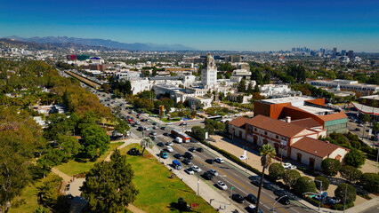 Aerial view over Beverly Hills and Santa Monica Boulevard in Los Angeles by drone - aerial...