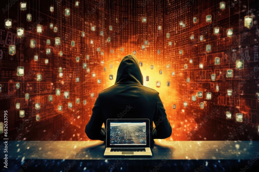Poster a hacker in a hoodie is sitting at the table with a laptop in his hands and a binary code on the bac