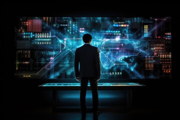 Back view of businessman looking at virtual panel with charts on dark background, A businessman employing holographic projection for financial analysis and decision-making, AI Generated