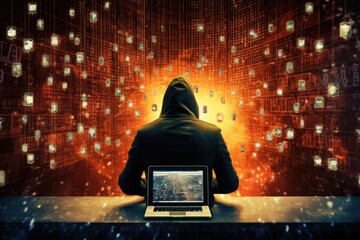 A hacker in a hoodie is sitting at the table with a laptop in his hands and a binary code on the background, A cyber security expert working on a laptop with digital padlocks, AI Generated