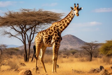 Naklejka na ściany i meble A giraffe in the Etosha National Park, Namibia, A large giraffe in a Ruaha National Park, AI Generated
