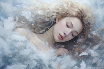 Portrait of a beautiful young woman lying in a cloud of white flowers, A mesmerizing scene of snowflakes drifting in the wind with soft colors and a dreamy atmosphere, AI Generated