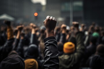 Crowd of people with raised hands at concert in the rain, A raised fist of a protestor at a...