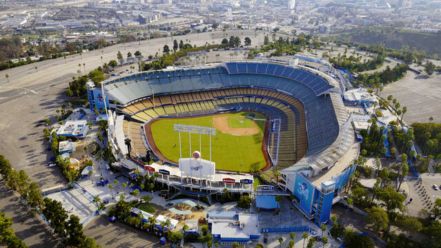 Famous Dodgers Stadium in Los Angeles aerial view - Los Angeles Drone footage - LOS ANGELES, USA - NOVEMBER 5, 2023