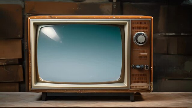 An oldfashioned TV set with flecks of rust bearing on a thin metal bezel surrounding its square glass screen. both the glass and the bezel appear to be tarnished with