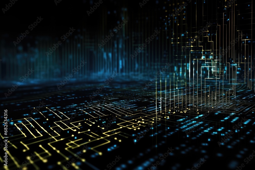 Fototapete Abstract technology background with binary code and lines. 3D Rendering, Abstract digital binary code flowing on a black background, forming a network system, AI Generated