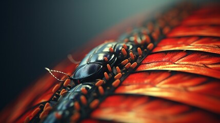 A close-up view of a ladybug's intricate wing pattern and tiny legs in extreme detail in a