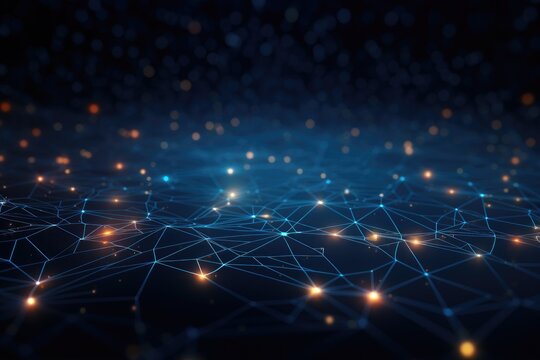 Abstract network connection on dark blue background. 3d rendering toned image, Abstract digital background with binary code flowing through a network of interconnected nodes, AI Generated