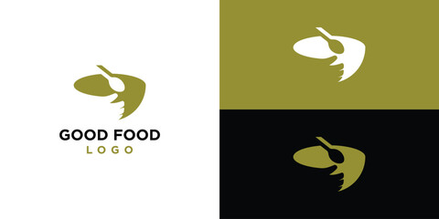 Good Food Logo Design Template. Bowl Hand and Spoon Symbol Icon Vector Illustration.