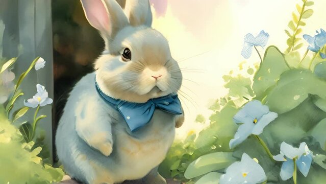 fat little blue rabbit with a bowtie hops excitedly around her garden home. Cute creature. .
