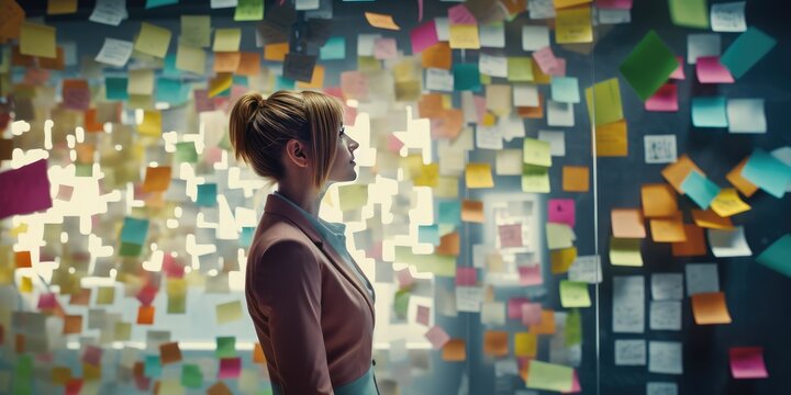 Standing in front of sticky notes is a businesswoman. Generative Ai.