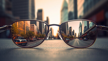 Sunglasses reflection close up eyesight urban skyline modern elegance, AI Generative.
