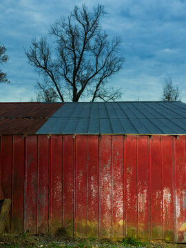 The side of a red barn in Durham, North Carolina
