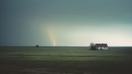 Isolated house in the farm field, with a distant thunderstorm and tornado approaching. Mysterious and eerie atmosphere.