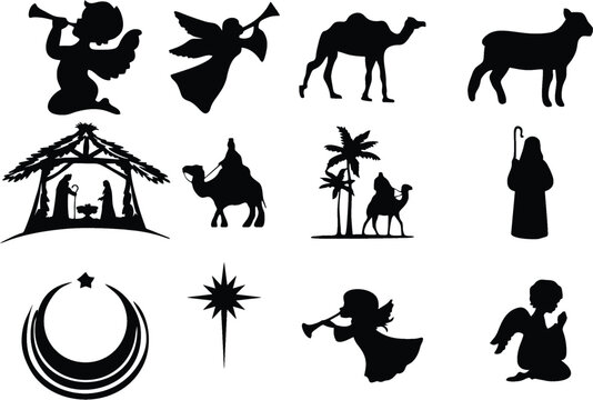 Nativity scene icon. Set of Christmas Silhouette for designing greeting card, poster or banner on the festival. Easy to change color or manipulate. eps 10.