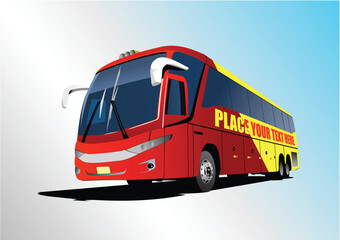 Red-yellow tourist or City bus on the road. Coach. Vector 3d illustration. Hand drawn illustration