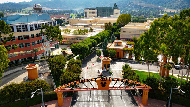 Flight over the Walt Disney Studios in Burbank - Los Angeles Drone footage - LOS ANGELES, USA - NOVEMBER 5, 2023