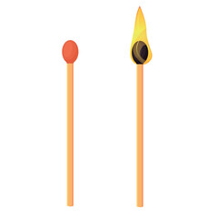 Vector close-up image of a lit match in cartoon style. Hiking and survival concept