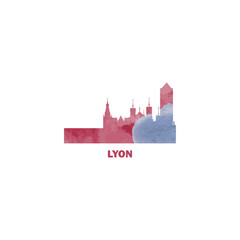 Lyon watercolor cityscape skyline city panorama vector flat modern logo, icon. France town emblem concept with landmarks and building silhouettes. Isolated graphic