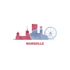 Obraz premium Marseille watercolor cityscape skyline city panorama vector flat modern logo, icon. France town emblem concept with landmarks and building silhouettes. Isolated graphic