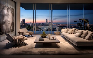 Modern penthouse situated in a downtown, showcase the luxury and contemporary design elements characteristic of the upscale urban space - obrazy, fototapety, plakaty
