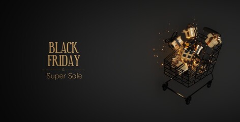Black friday anniversary shopping sale promotion banner with shopping cart and gift box.3D rendering