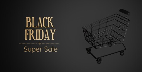 Black friday anniversary shopping sale promotion banner with shopping cart and gift box.3D rendering