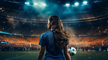 spirited female soccer player with ball amidst vibrant night stadium crowd - obrazy, fototapety, plakaty